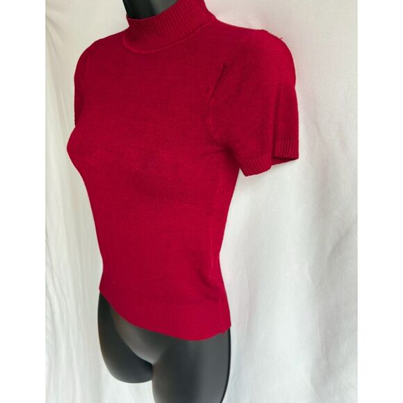 Zara Wine Red Knit Short Sleeve Sweater Size S Mock Neck Basics Closet Staple - Picture 5 of 7